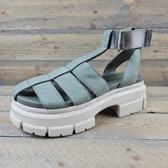 UGG Ashton Heritage Women's Platform Sandals Moss Green Suede Logo Strap - Picture 3 of 13